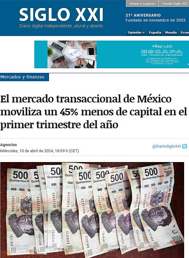 El mercado transaccional de Mxico moviliza un 45% menos de capital en el primer trimestre del ao